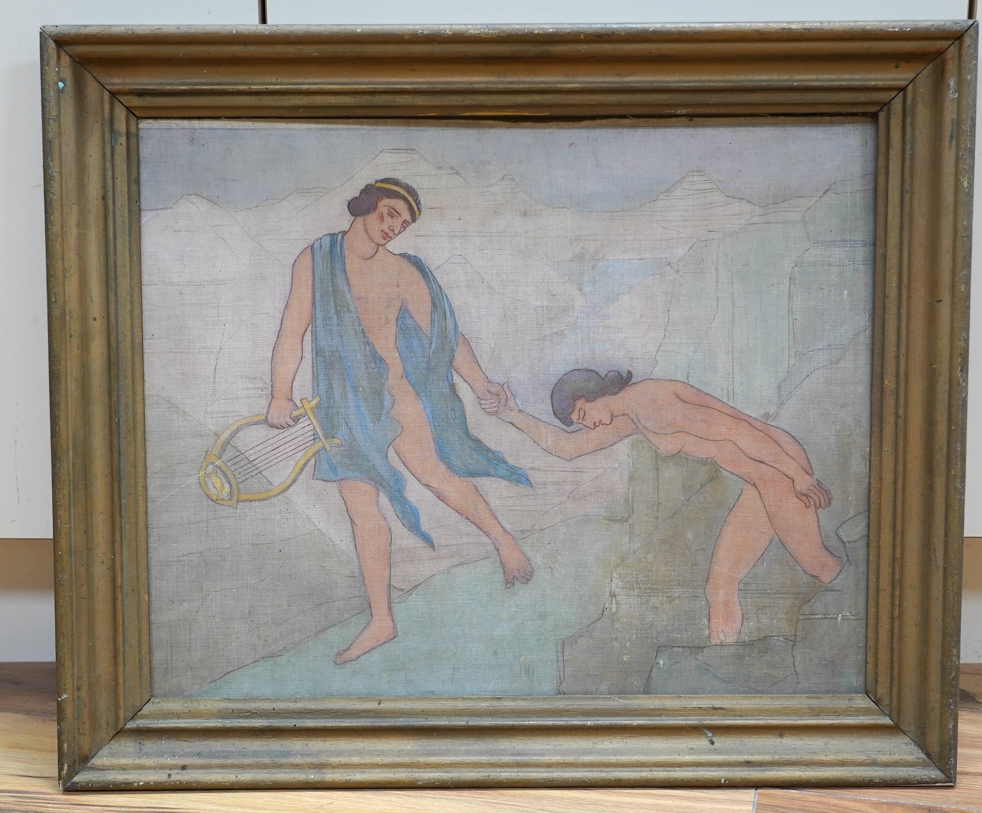 20th century School, oil on linen laid on board, Orpheus and Eurydice, 42 x 52cm